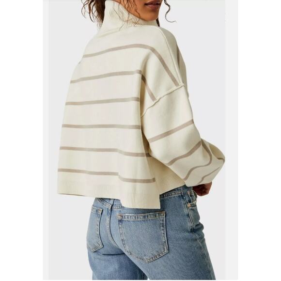 Free People Paulie Cropped Turtleneck Sweater Cream Beige Stripe  Women's Large - Picture 2 of 14